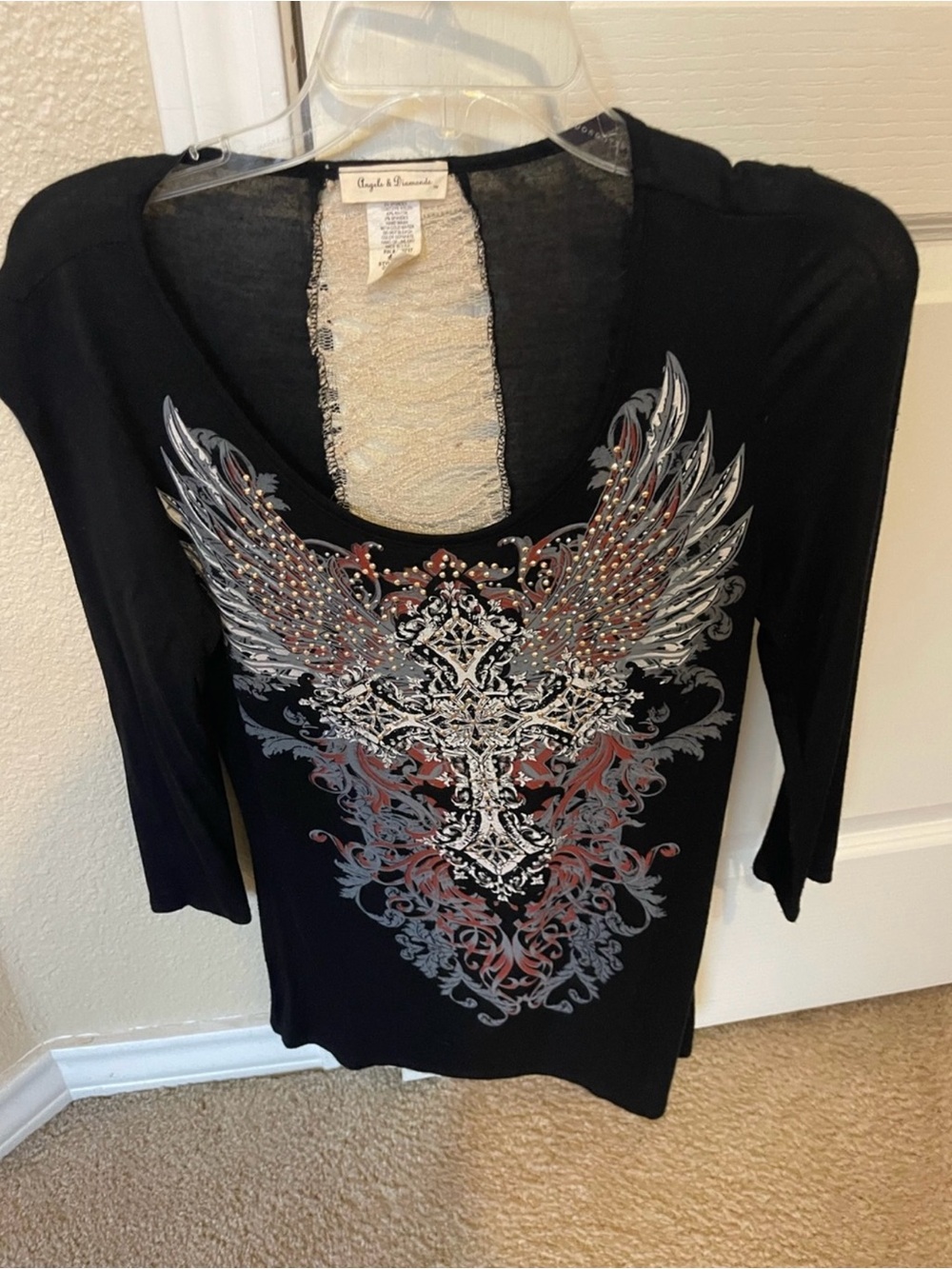 Angels & Diamonds Black Long Sleeve V-Neck Top with Winged Cross Graphic